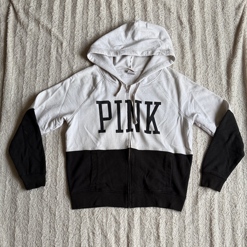 PINK Victoria's Secret Black and White Zip-Up Hoodie size M